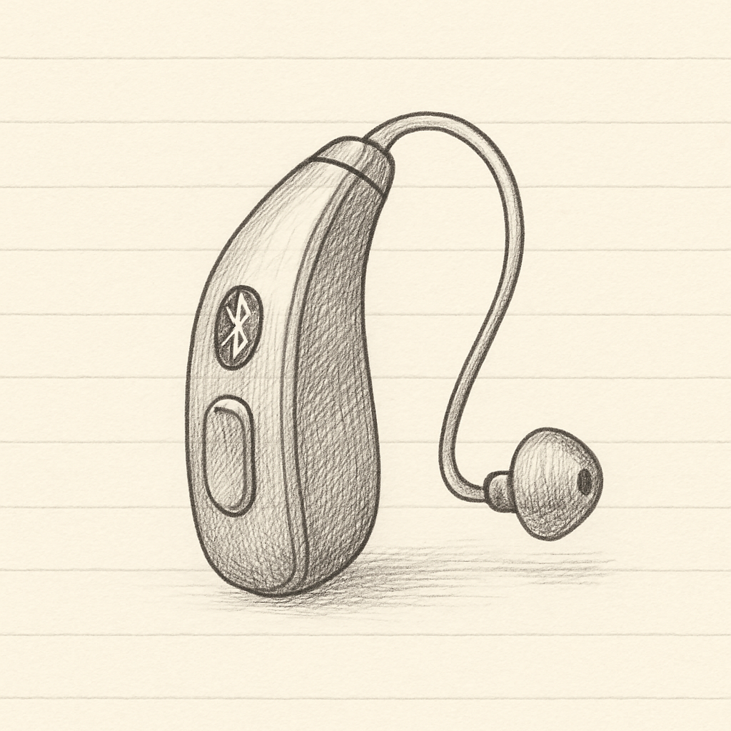 Illustration of Bluetooth hearing aids paired with a smartphone and TV audio setup