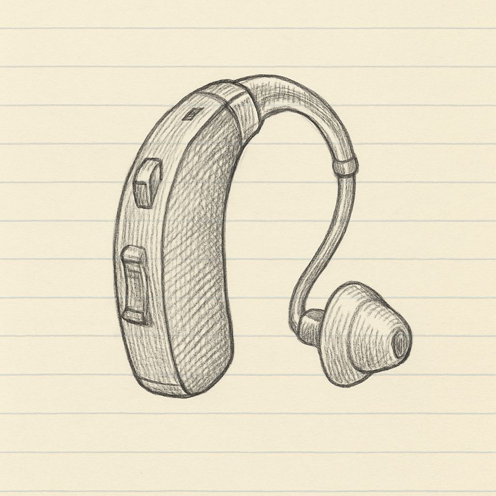 Illustration of a high-power behind-the-ear hearing aid for severe hearing loss