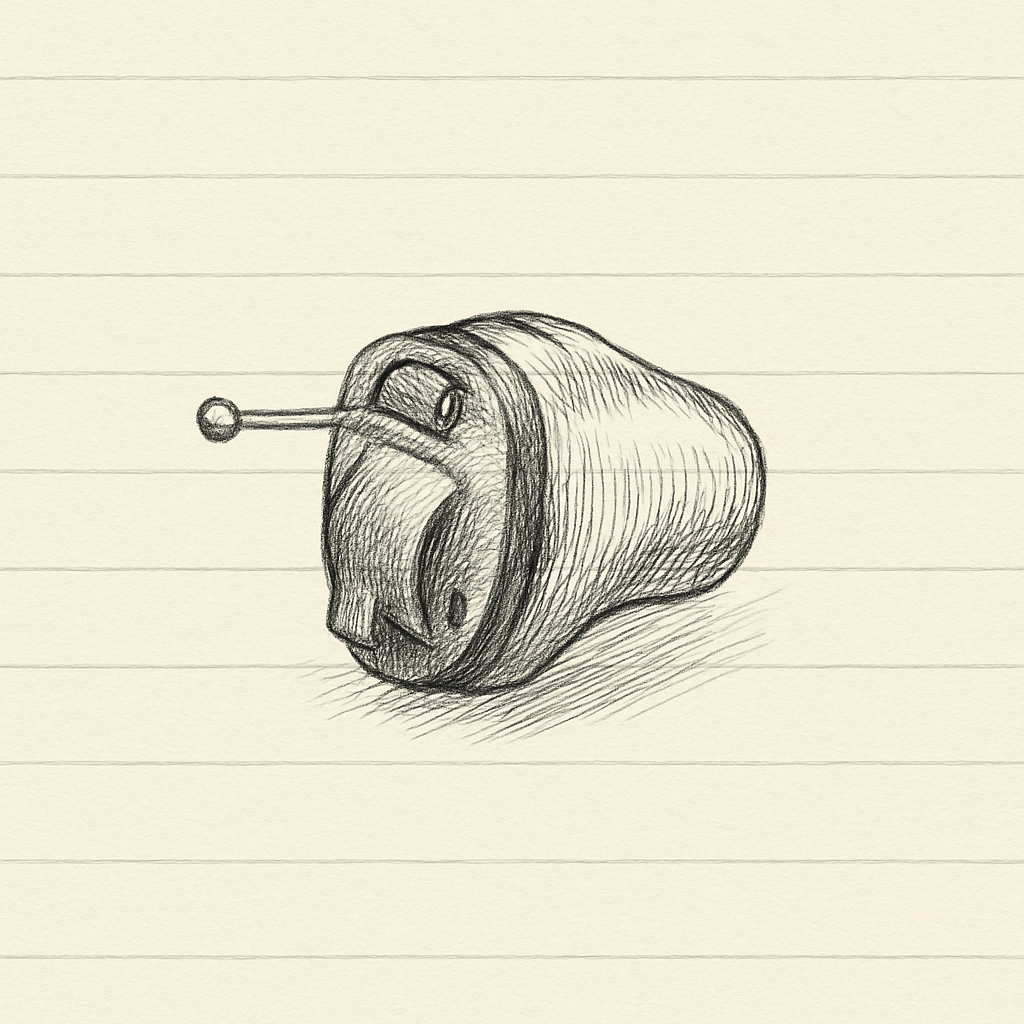 Illustration of a tiny CIC hearing aid resting in an open palm, showing its discreet in-canal design