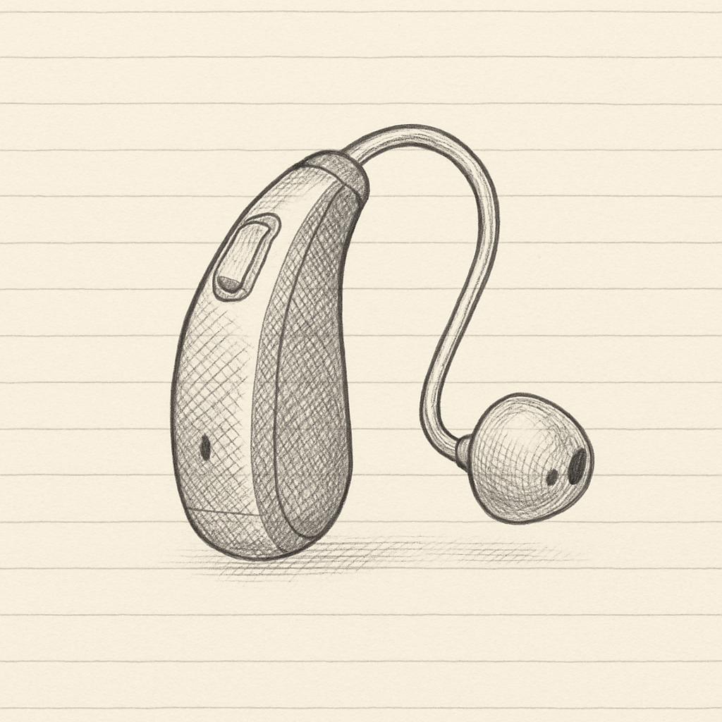Illustrated overview of over-the-counter hearing aid styles and companion app screens